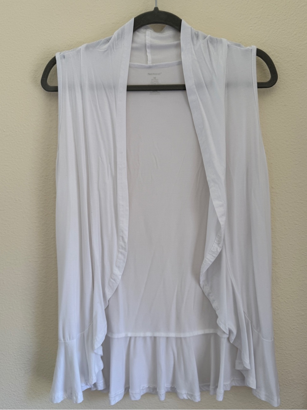 Xeoxarel White Waterfall Ruffle Open Front Stretch Vest Size M